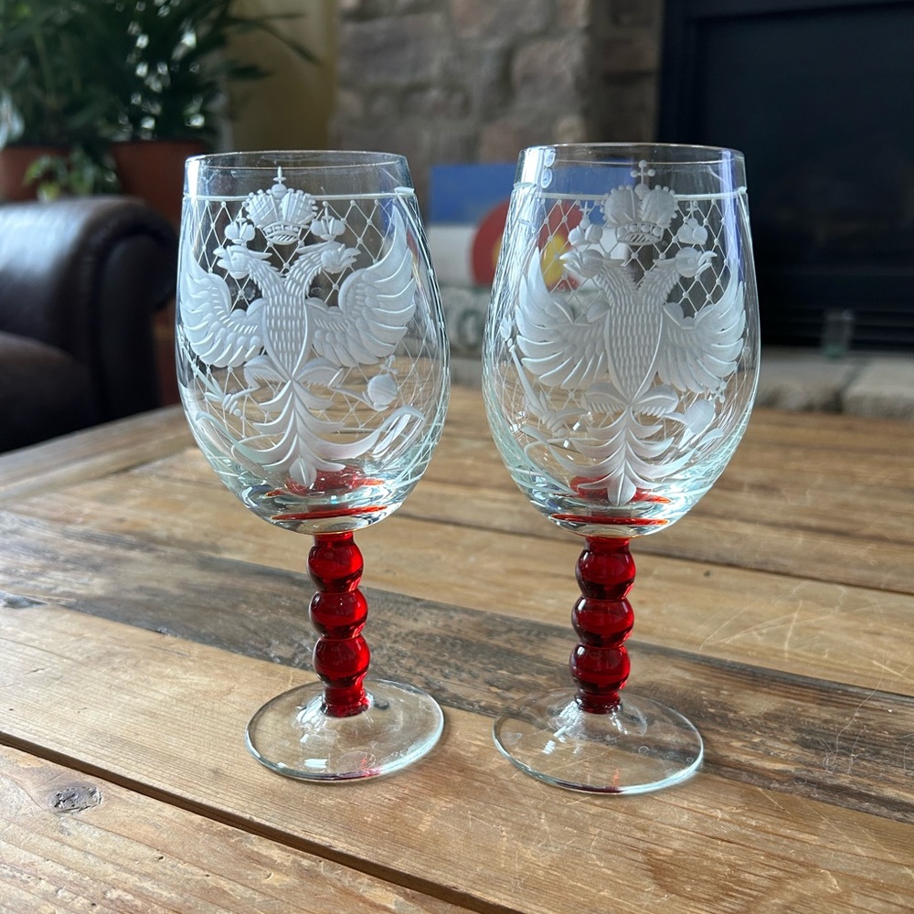 Crystal Romanov Imperial Double Headed Eagle Etched Russian Wine Glass Goblets